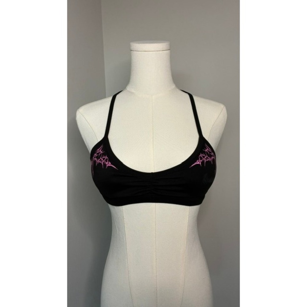 Breathe Divinity XS Bra Top Black Hot Pink Graphic Cage Back Strappy Crop